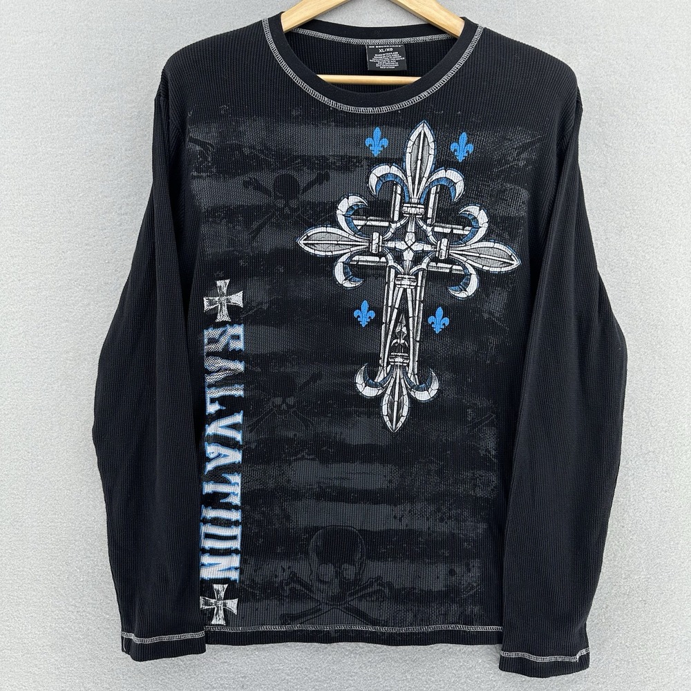 Y2K No Boundaries Affliction Style Salvation Black Shirt SZ XL VTG Skull Cross